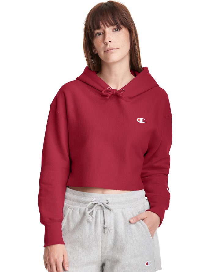 Champion Reverse Weave Cropped Cut-Off C Logo Kadın Kapşonlu Sweatshirt Koyu Kırmızı ( GTXWDR917 )